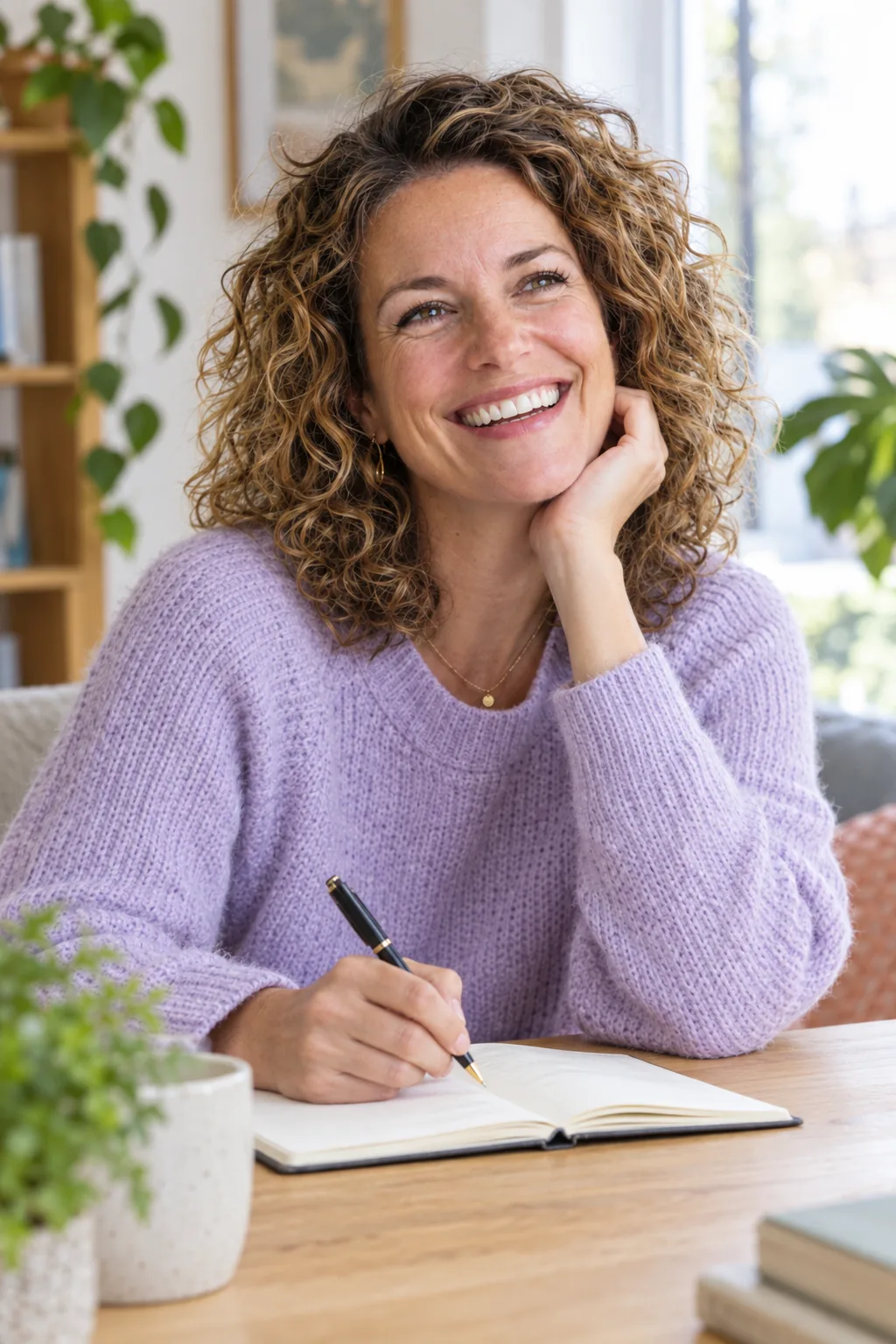 Sarah écrit dans son carnet dans un intérieur lumineux
