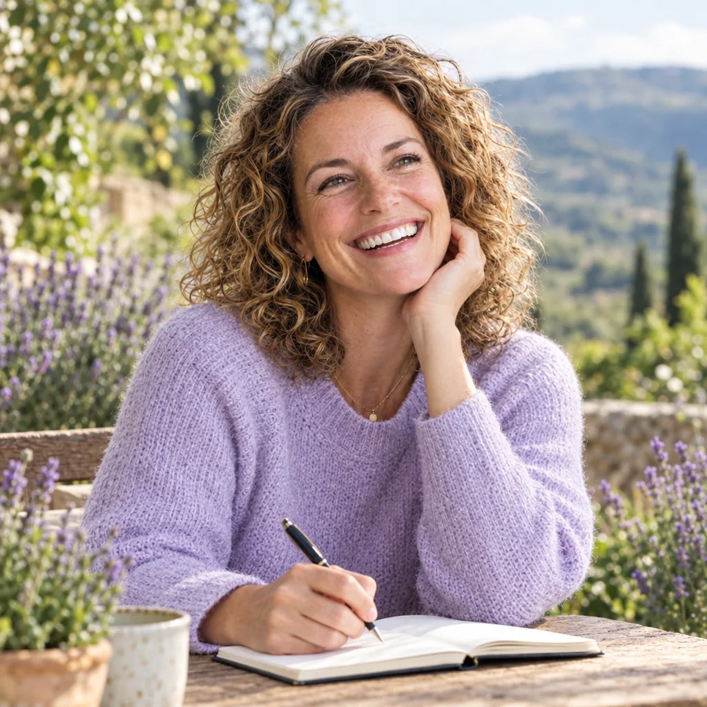 Sarah prend des notes dans un jardin