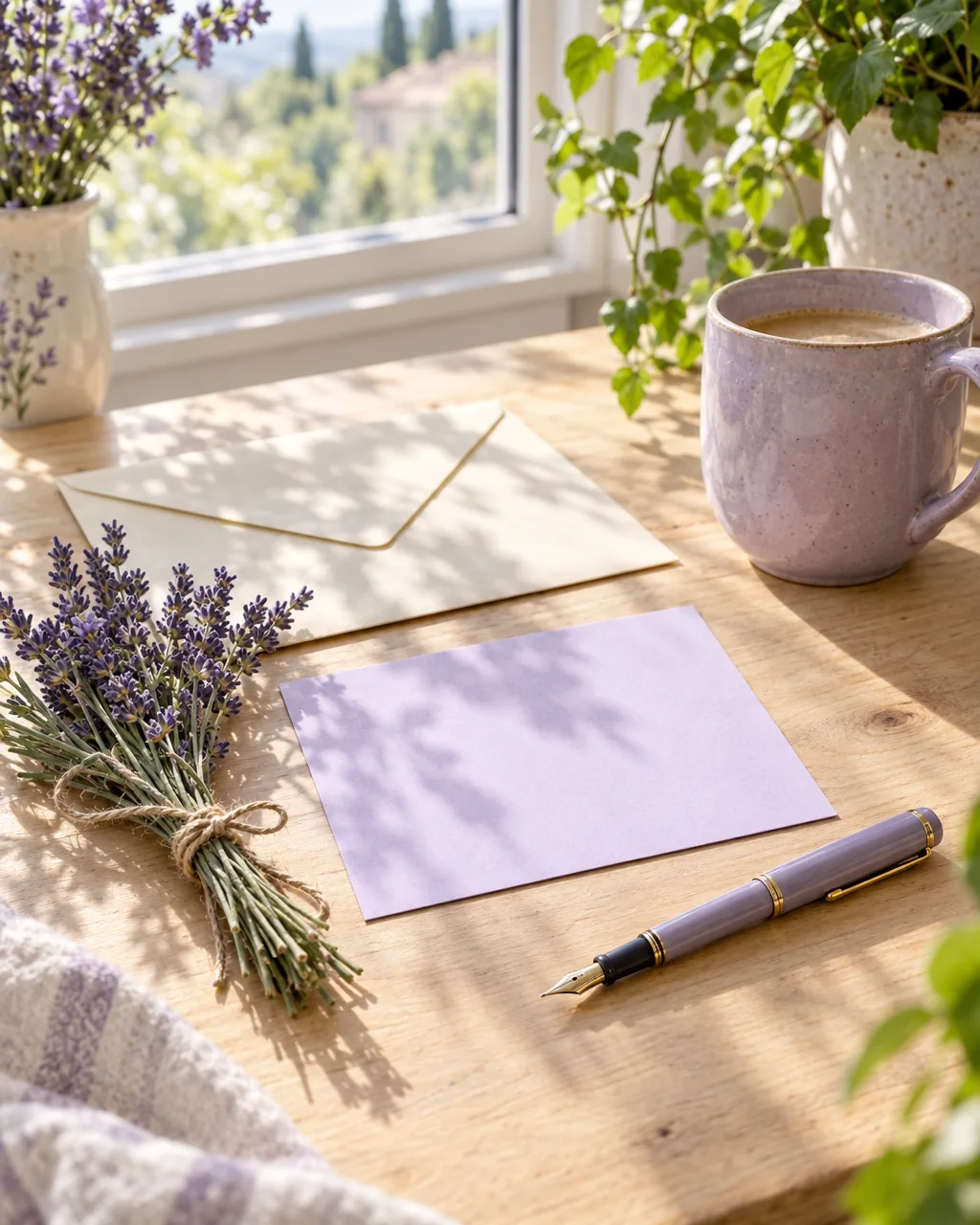 Une enveloppe, une carte lilas et un stylo posés sur un bureau près d'une fenêtre