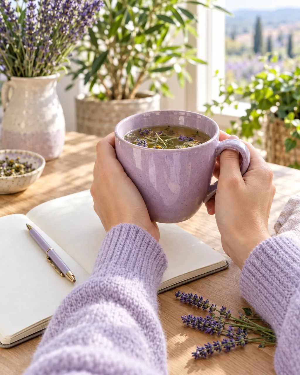 Des mains tiennent une tasse de tisane au-dessus d'un carnet ouvert