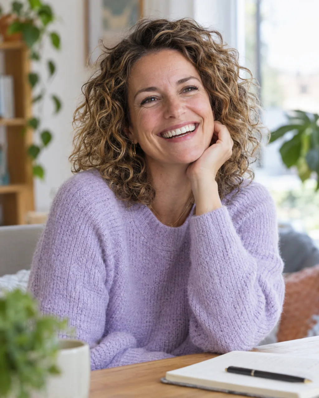 Sarah, coach de vie, souriante dans un cadre lumineux