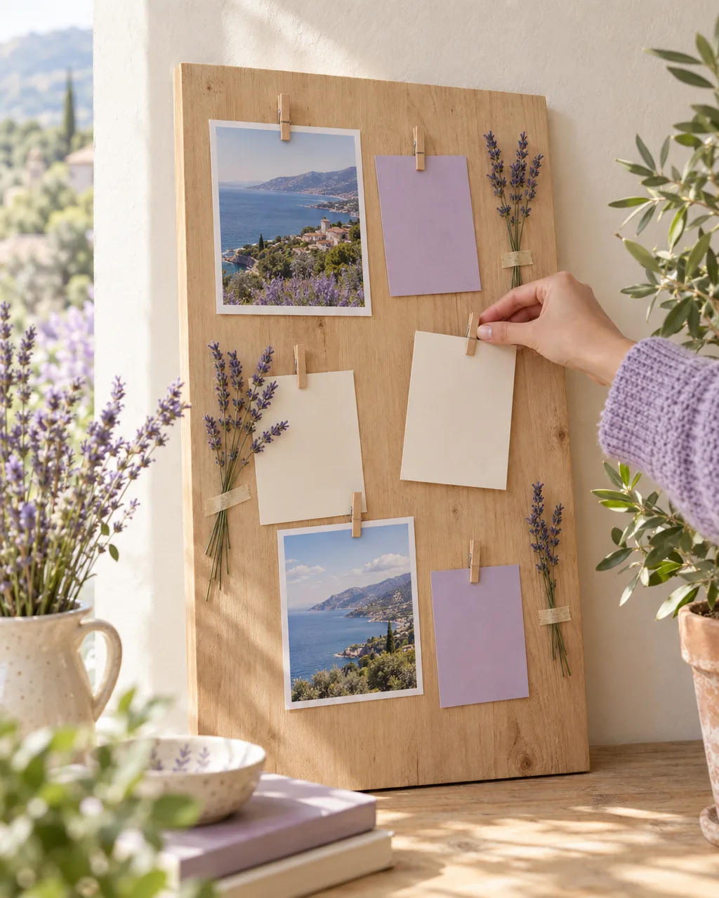 Une main épingle une carte sur un tableau d'intentions orné de lavande